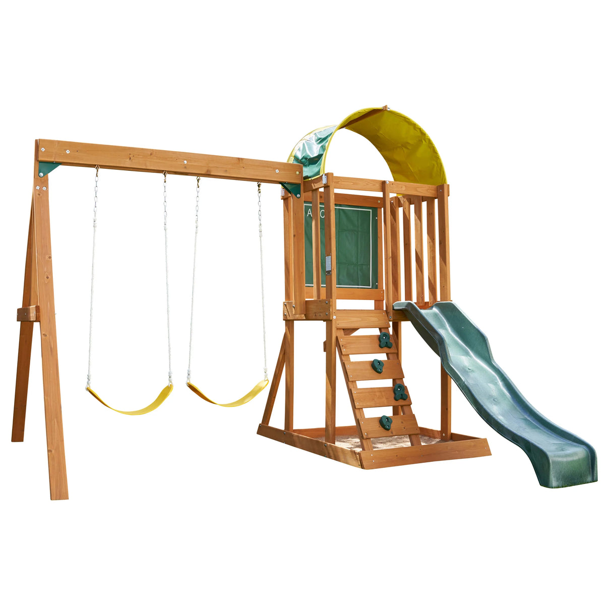 Wooden Outdoor Swing Set with Slide and Rock Wall X817333