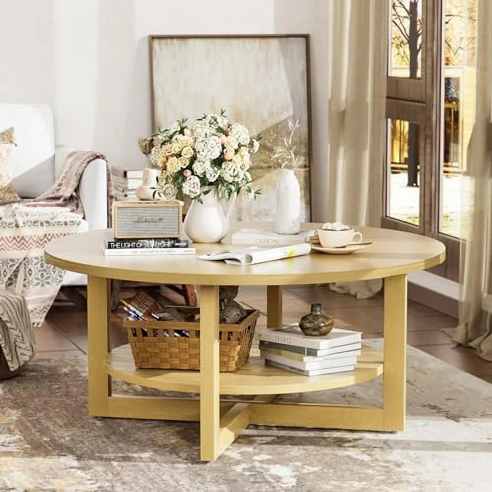 Round 2-Tier Solid Wooden Coffee Table with Shelf M292