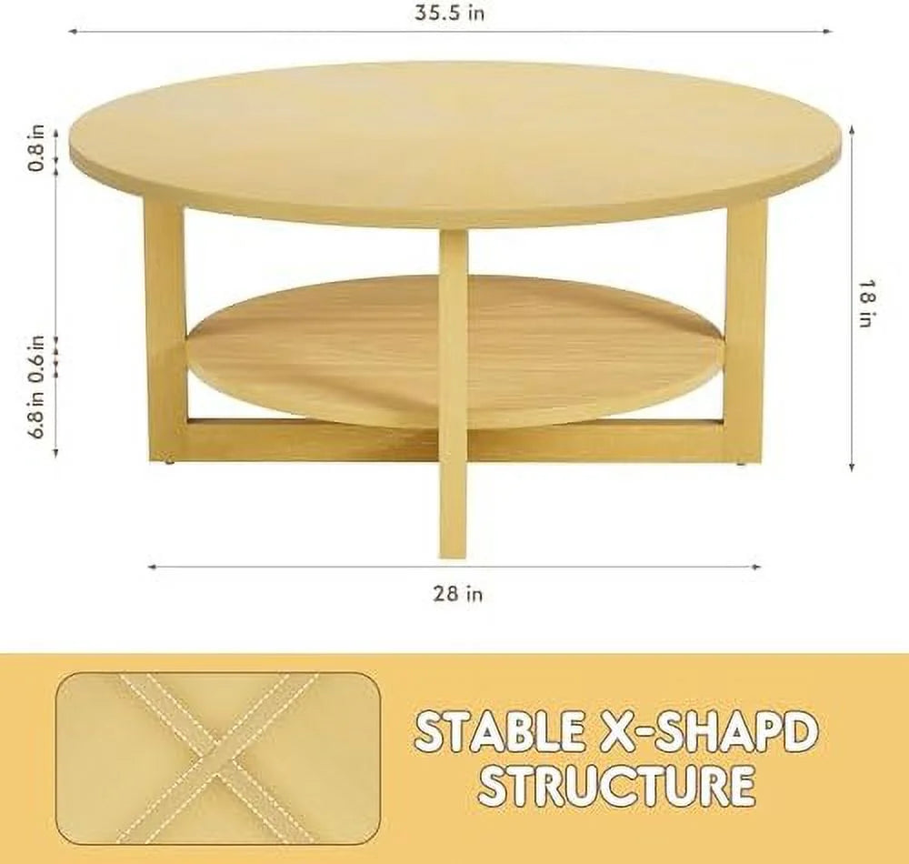Round 2-Tier Solid Wooden Coffee Table with Shelf M292