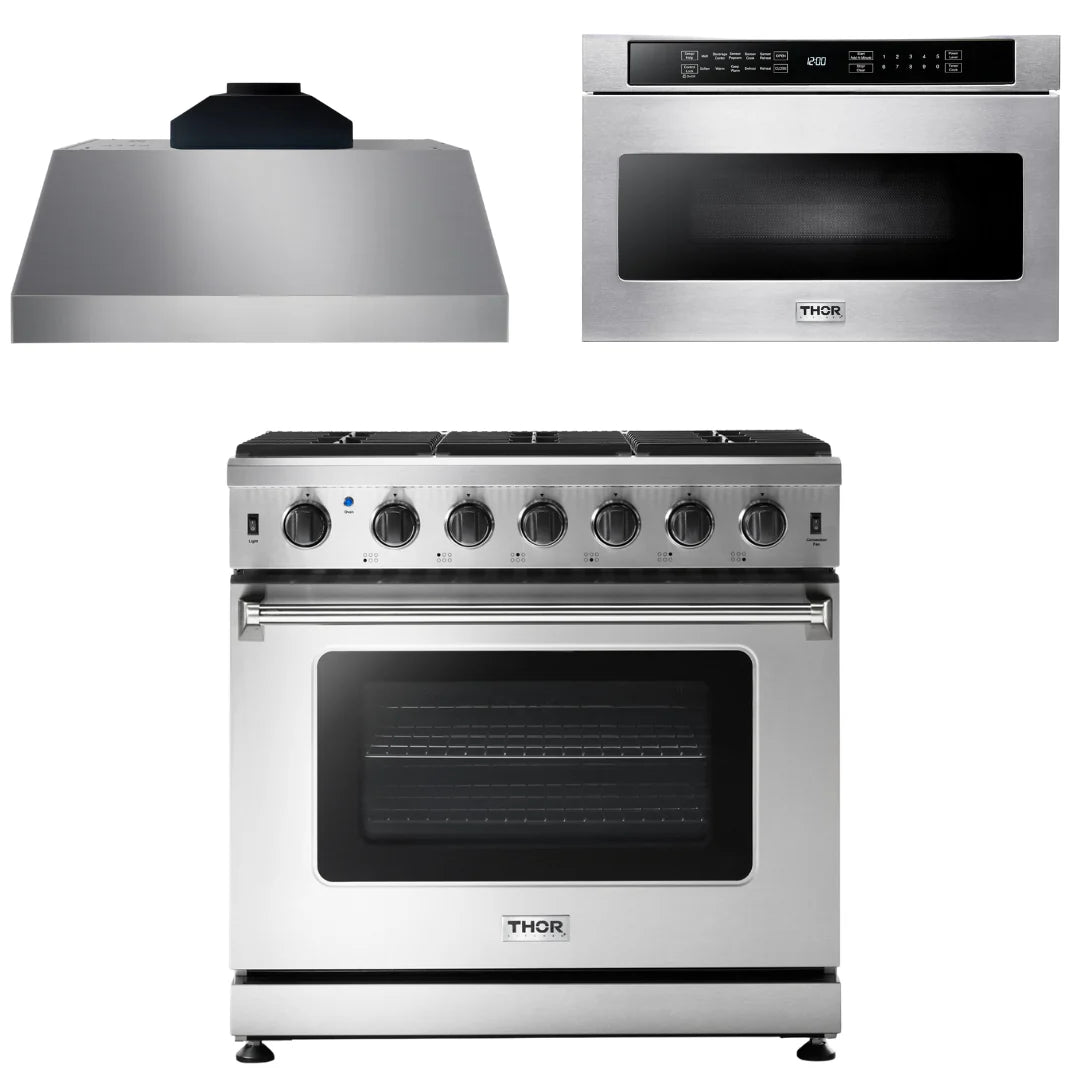 36 Inch Gas Range, Range Hood, Microwave N7348