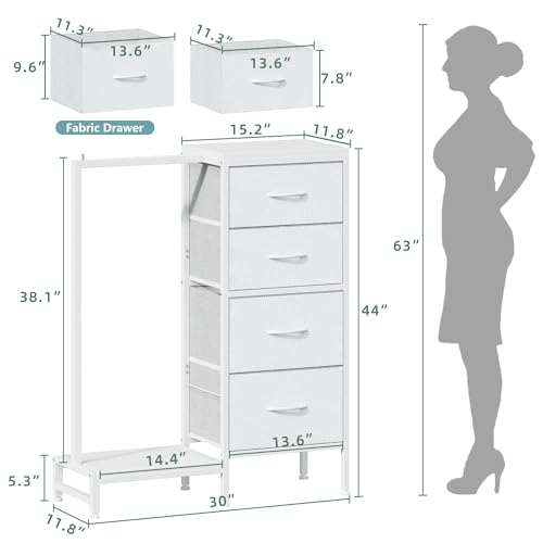 White 4 Drawer Dresser with Hanging Rack N124