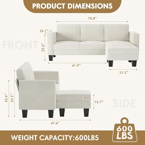 Cream Corduroy L-Shaped Convertible Sectional Sofa 3 Seater X831568