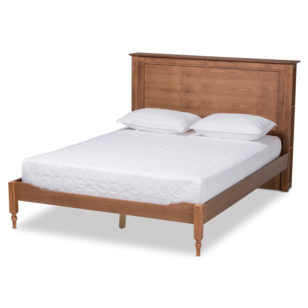 Ash Walnut Brown Wood Queen Size Platform Storage Bed with Built-In Shelves K26234
