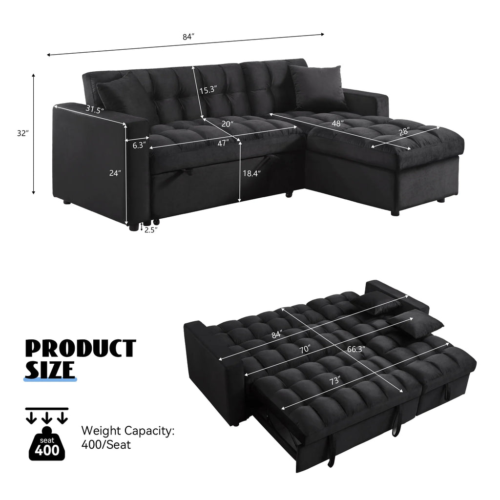 84" Black Velvet Convertible Sleeper Sofa with Storage Chaise Y2708