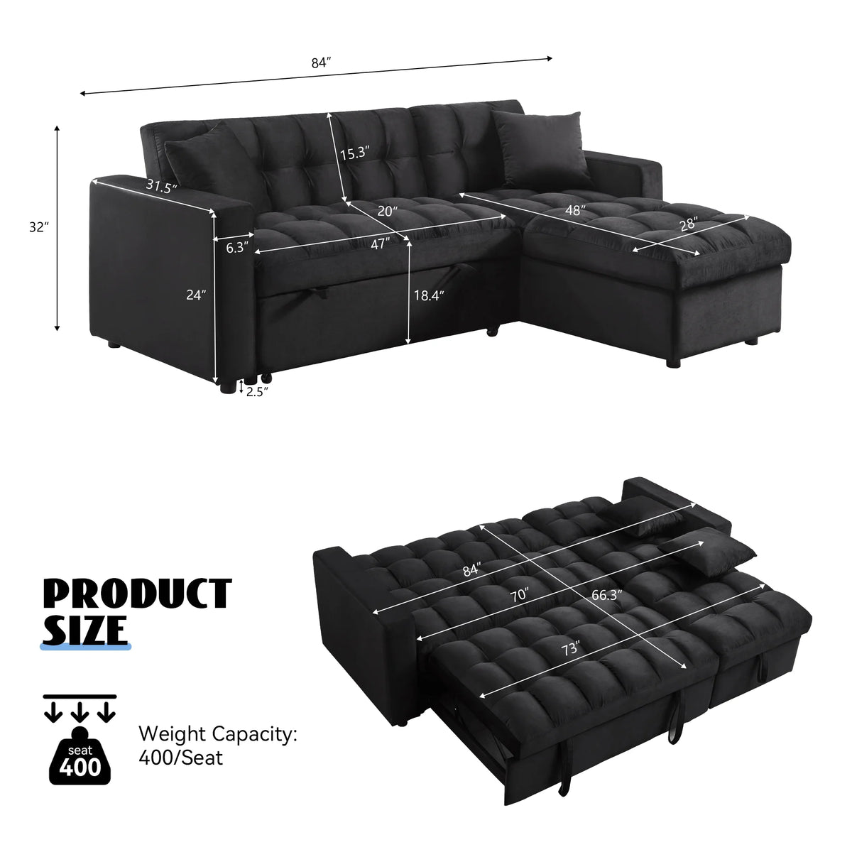 84" Black Velvet Convertible Sleeper Sofa with Storage Chaise Y2708