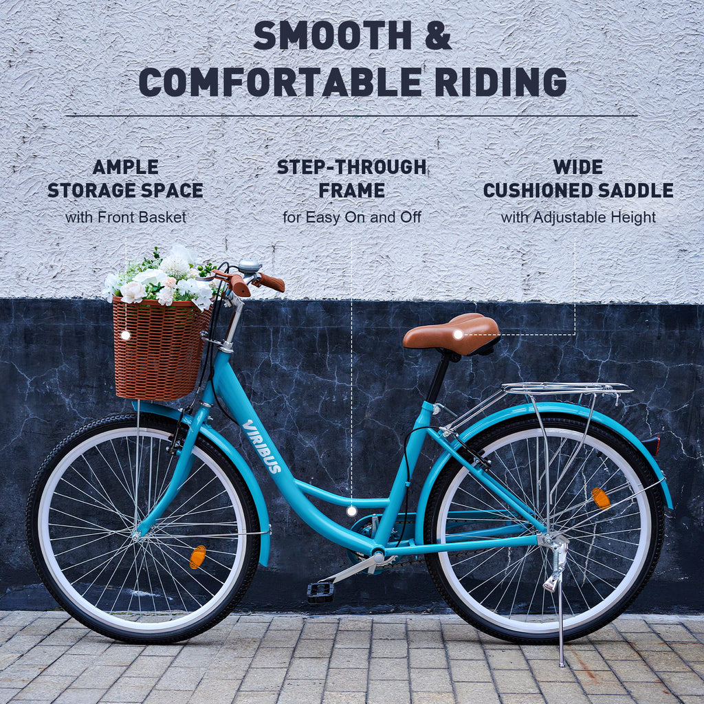 26 Inch Teal Cruiser Bicycle with Basket Rack Q12694