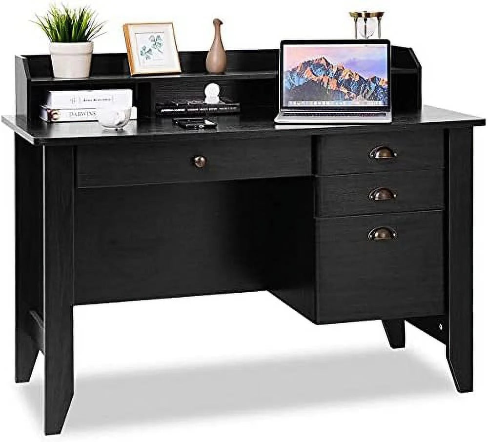 Brown Wooden Computer Desk with 4 Drawers and Bookshelf T8683