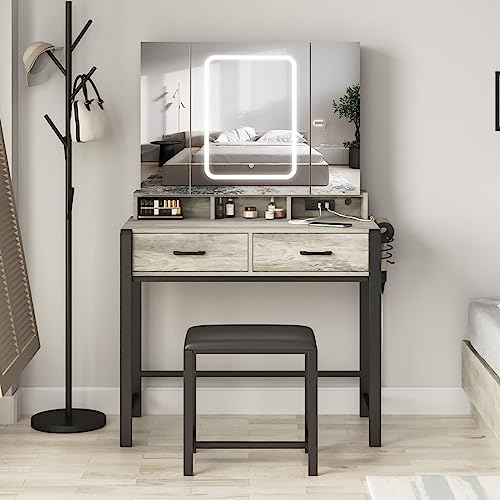 Vanity Desk with Lighted Tri-Fold Mirror and 2 Drawers T86517