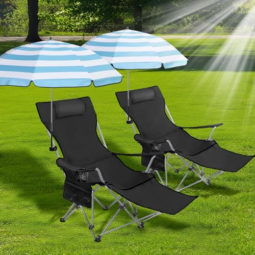 2 Set Folding Camping Chair with Umbrella and Foot Rest N654