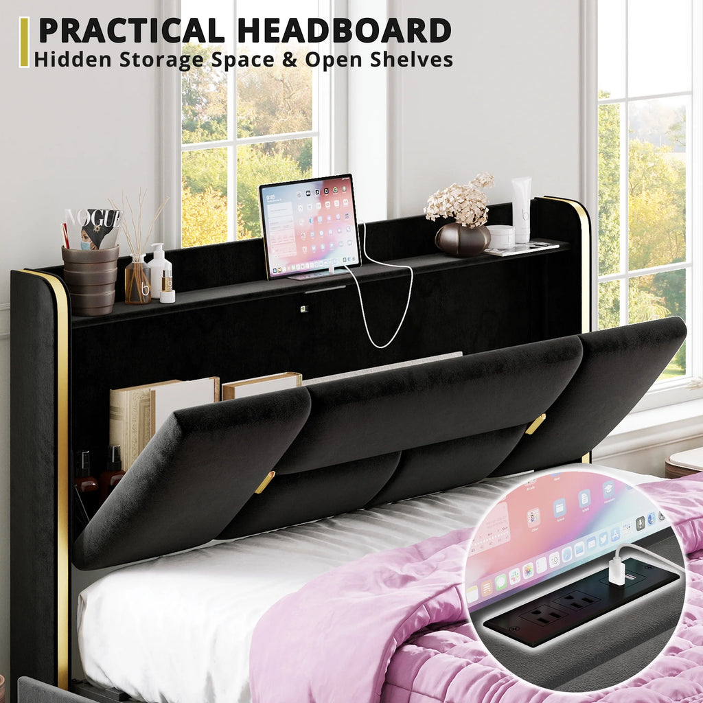 Queen Bed Frame with Storage Headboard and 4 Under-bed Drawers X1810