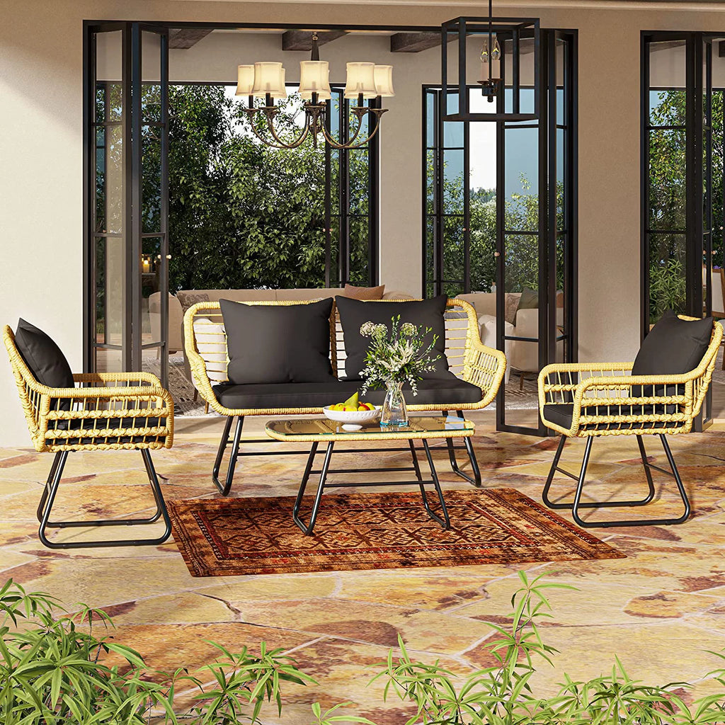 4-Piece Wicker Outdoor Bistro Set with Cushions and Metal Table L867