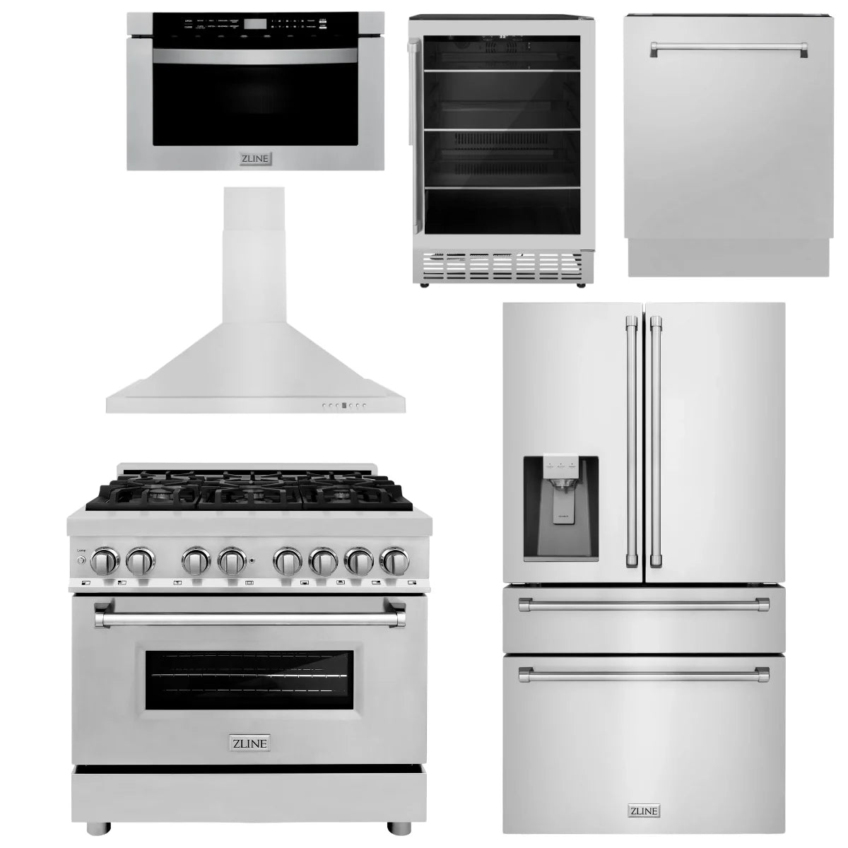 36 Dual Fuel Range, Range Hood, Refrigerator, Microwave Drawer, Dishwasher and Beverage Fridge G612