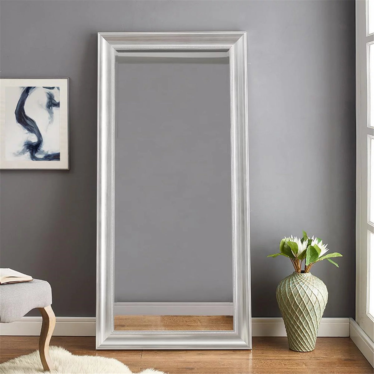 66"L x 32"W Beaded Full Length Mirror with Faux Wood Frame Q727