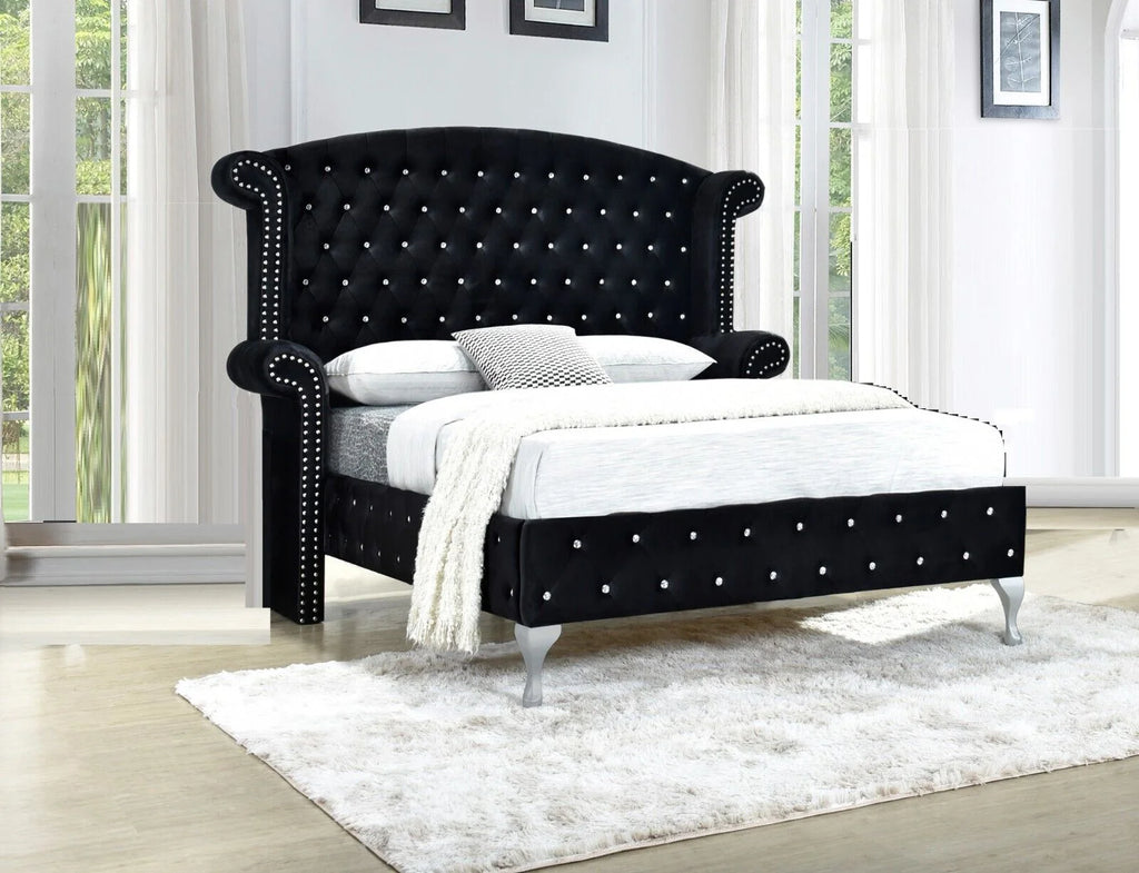 King Size 3Pc Bed Chest Nightstand Set Black Velvet Upholstery O29646