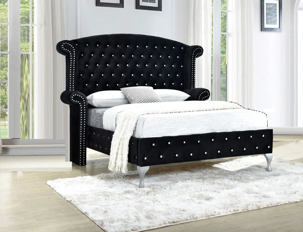 King Size 3Pc Bed Chest Nightstand Set Black Velvet Upholstery O29646