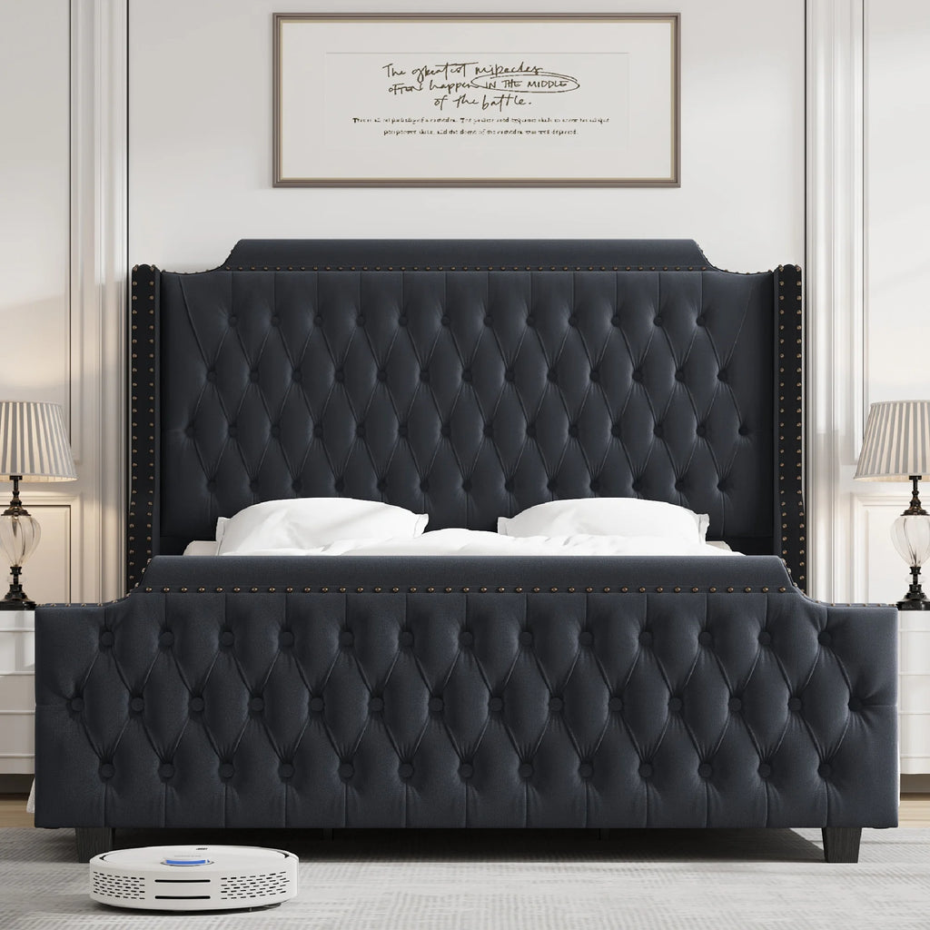 Queen Size Velvet Button Tufted Upholstered Bed with Headboard C710