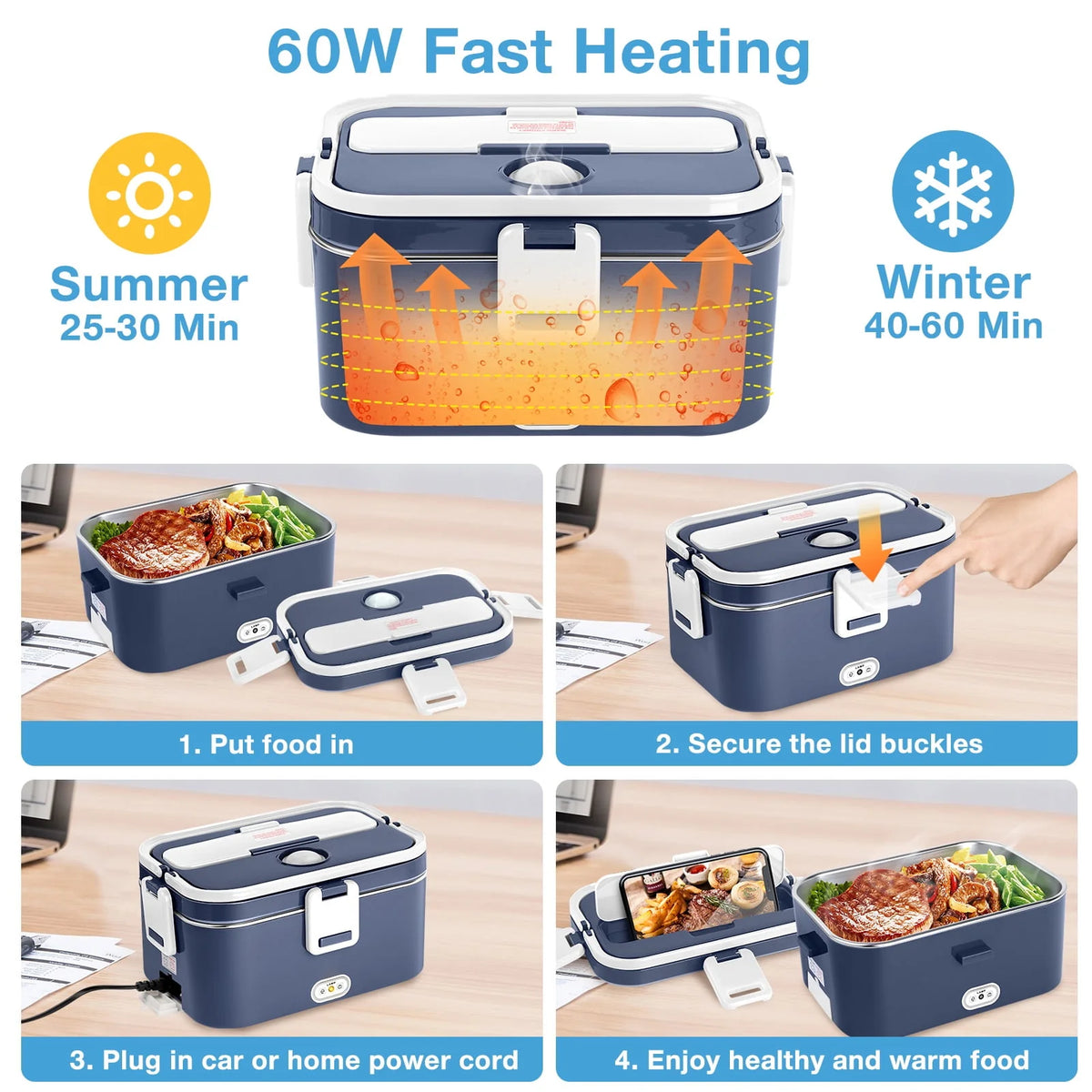 Electric Lunch Box Food Heater 60W 1.8L Stainless Steel Green Royal Blue B33332
