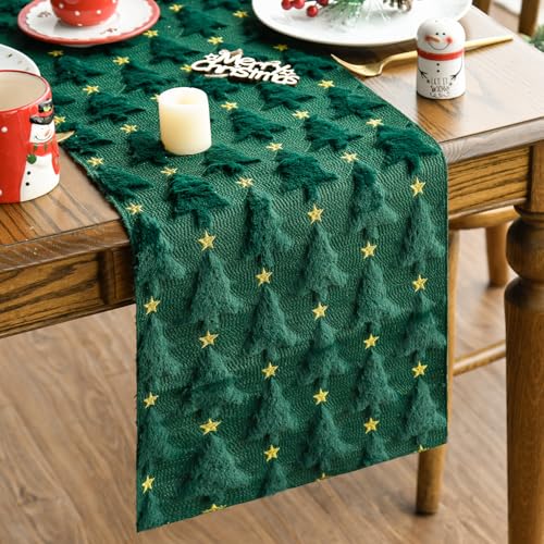 Green Plush Faux Fur Jacquard Christmas Table Runner 13x72 Inch B704461