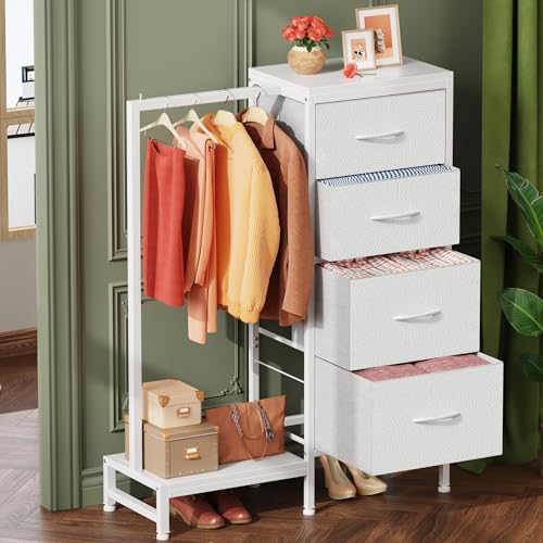 White 4 Drawer Dresser with Hanging Rack N124