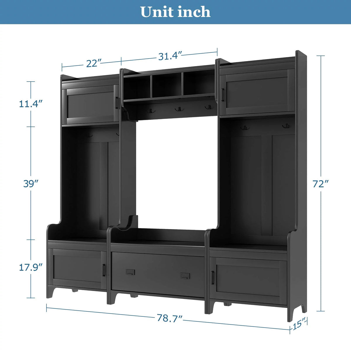 Black Hall Tree with Bench and Shoe Storage W47959