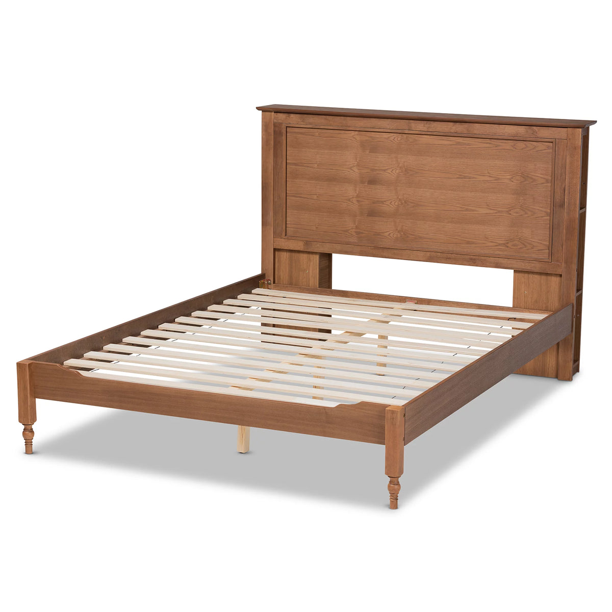 Ash Walnut Brown Wood Queen Size Platform Storage Bed with Built-In Shelves K26234