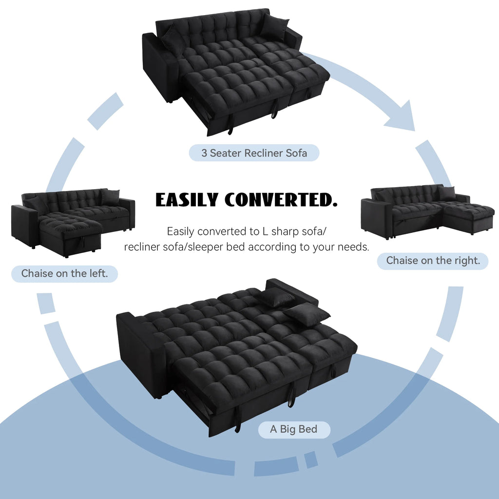 84" Black Velvet Convertible Sleeper Sofa with Storage Chaise Y2708