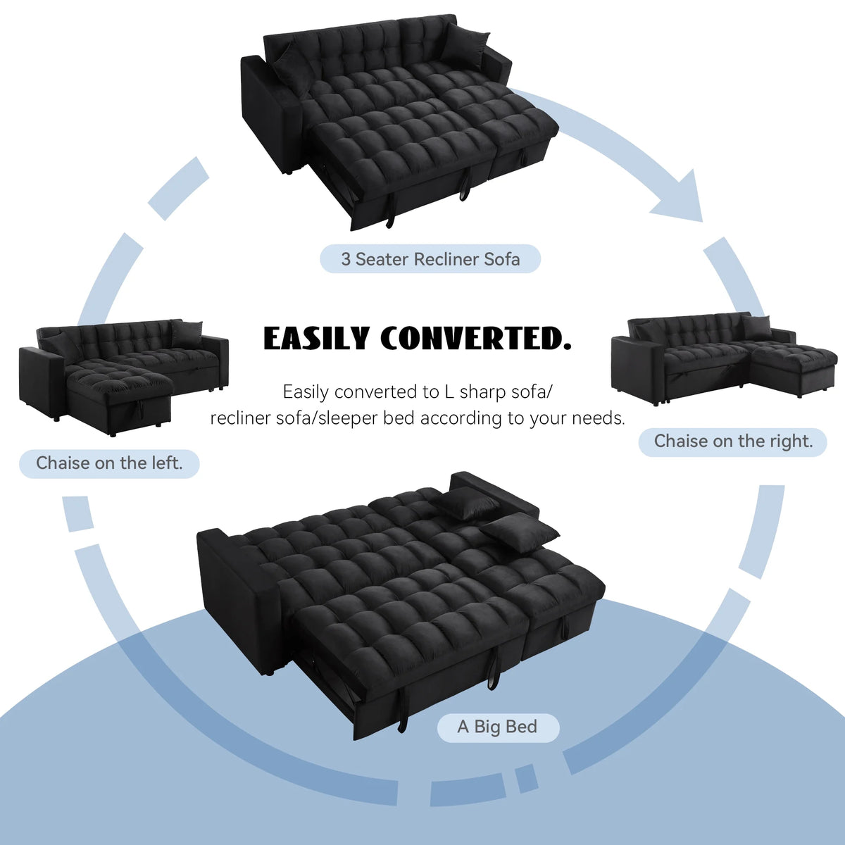84" Black Velvet Convertible Sleeper Sofa with Storage Chaise Y2708
