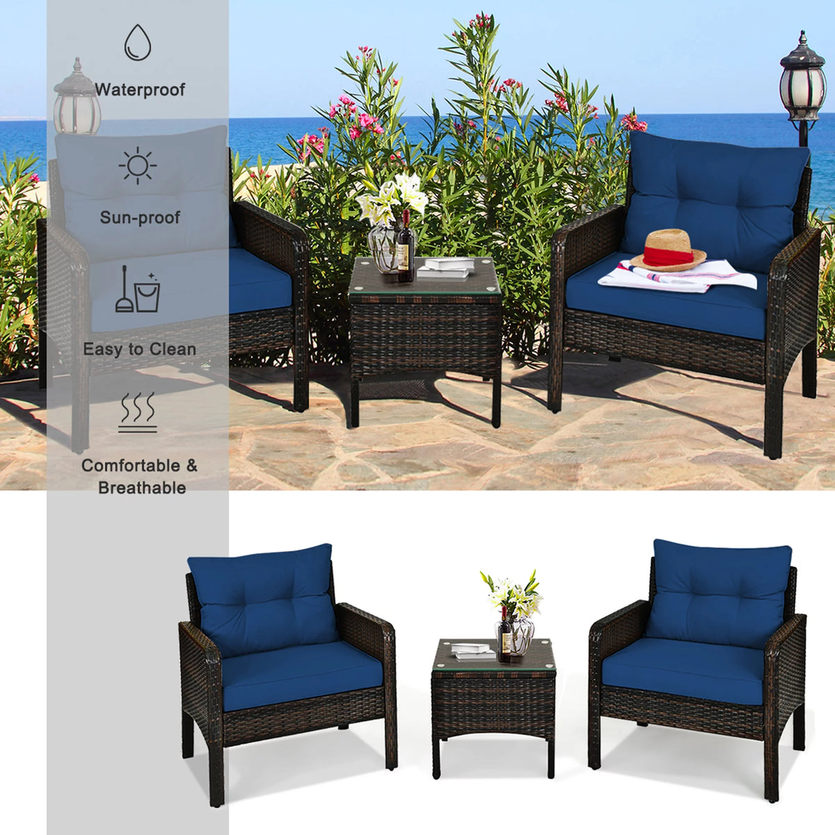 3 Pcs Rattan Patio Conversation Set with Navy Cushions J43316