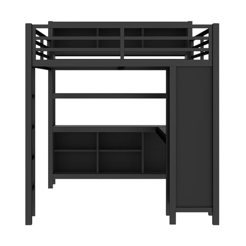 Queen Size Black Metal Loft Bed with Wardrobe and L-Shaped Desk S883805