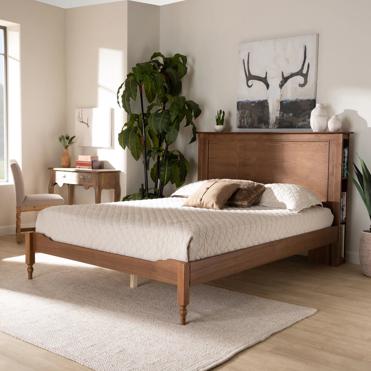Ash Walnut Brown Wood Queen Size Platform Storage Bed with Built-In Shelves K26234