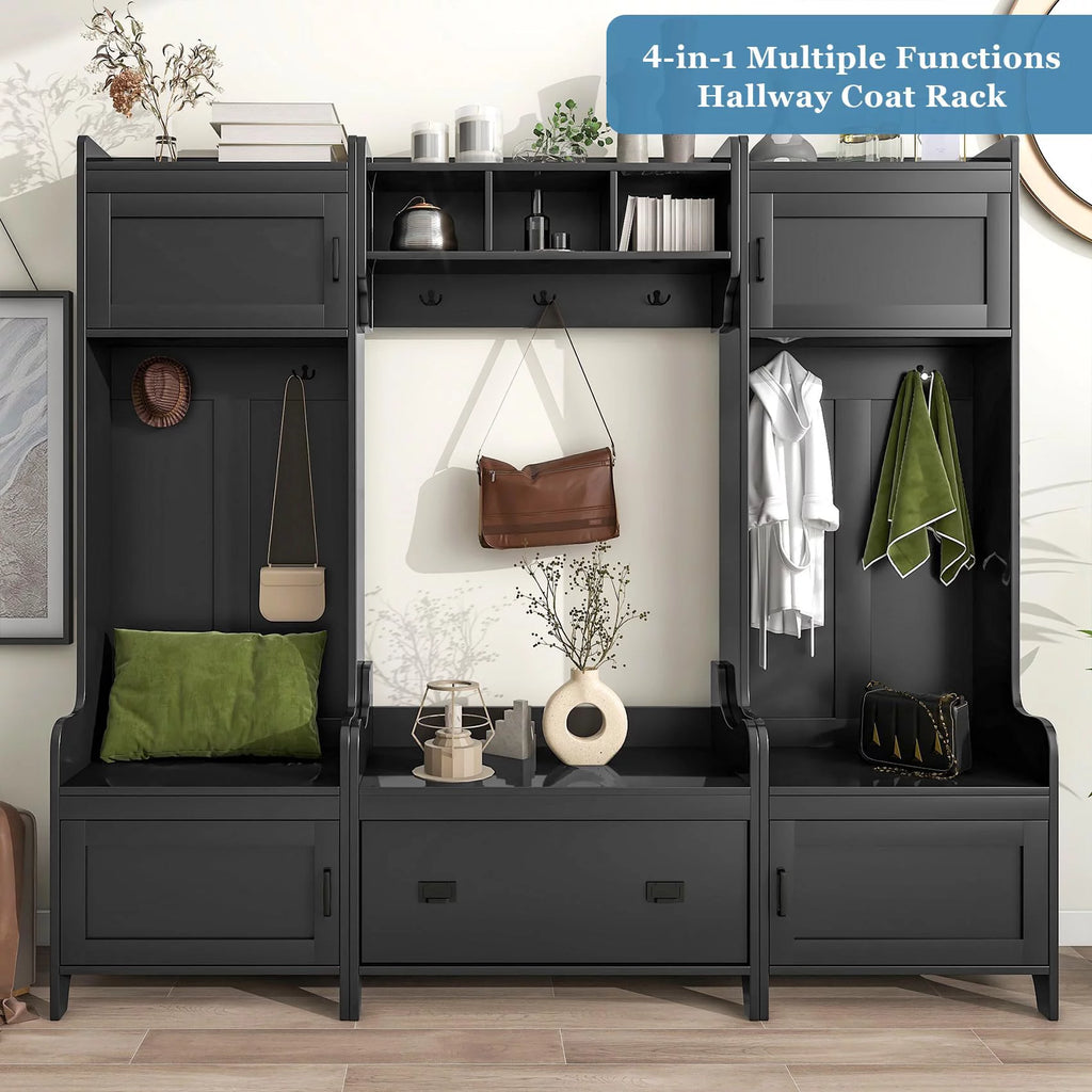 Black Hall Tree with Bench and Shoe Storage W47959
