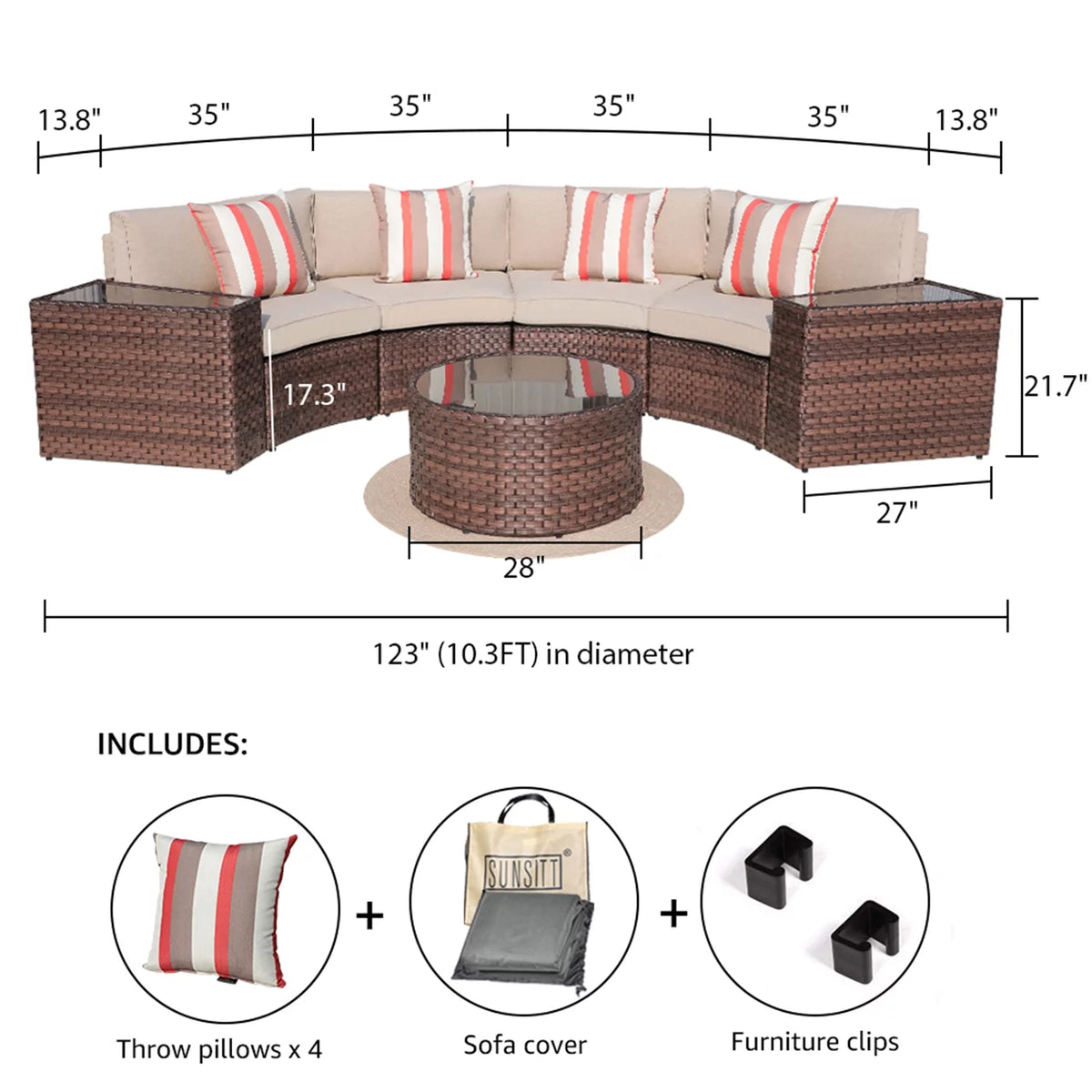 Brown 7-Piece PE Wicker Curved Sectional Sofa Set with Coffee Table T516729