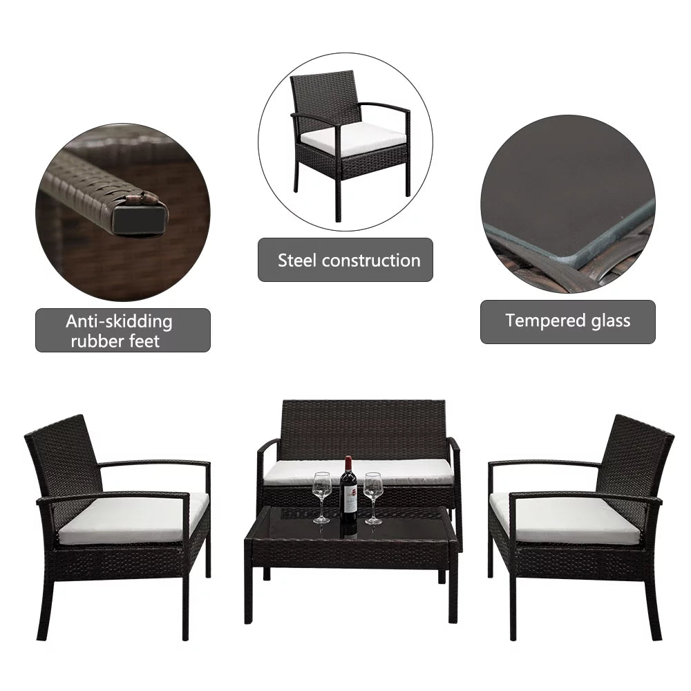 4 Pieces Brown Rattan Patio Conversation Set V539