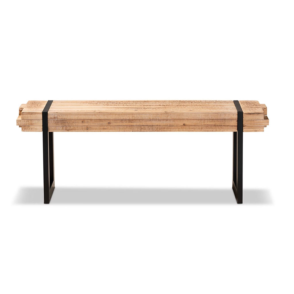 Natural Brown Wood and Black Metal Bench Y2407