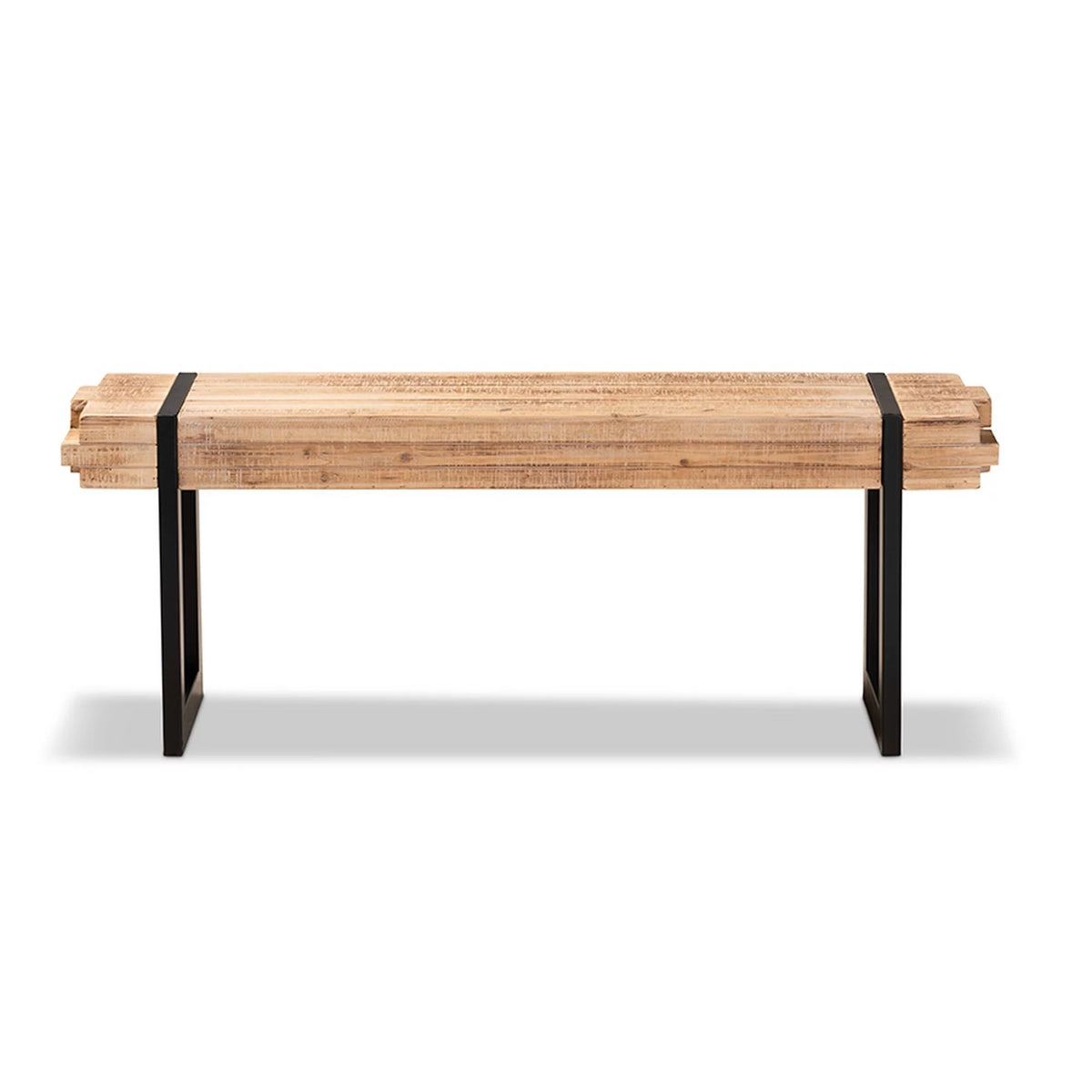 Natural Brown Wood and Black Metal Bench Y2407