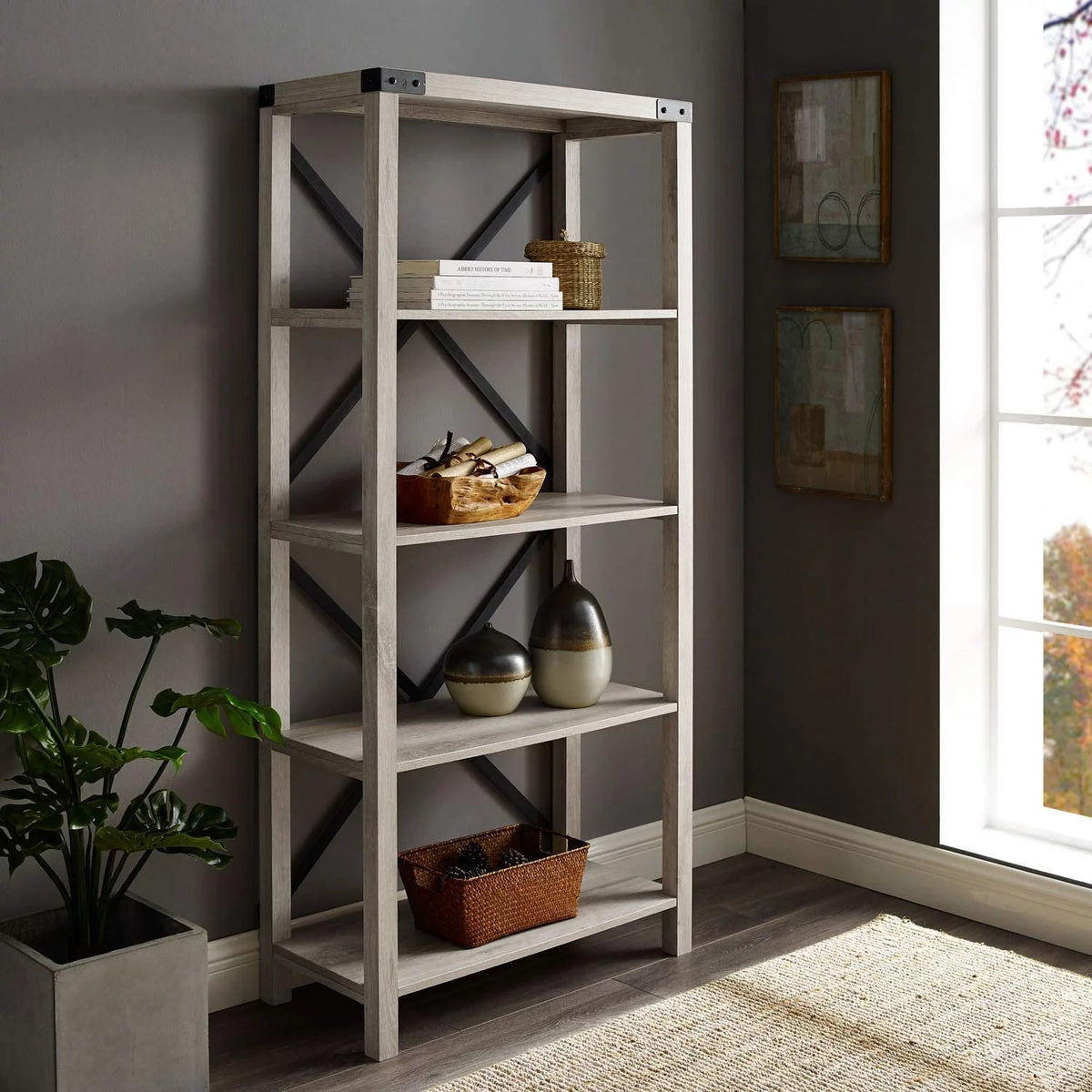 64 Inch Sable Grey Metal X-Back Bookshelf V2458