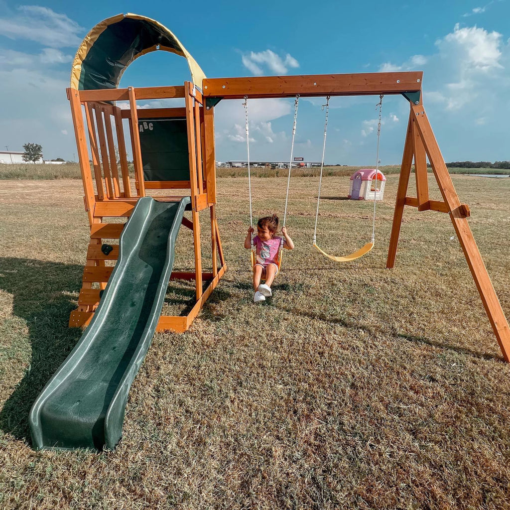 Wooden Outdoor Swing Set with Slide and Rock Wall X817333