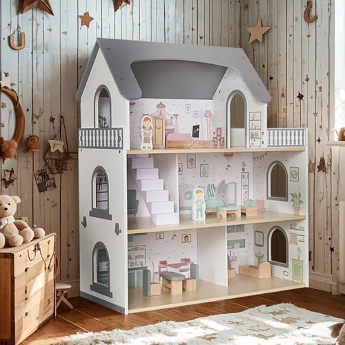 Wooden Playhouse with Balcony and 12 PCS Accessories B58212
