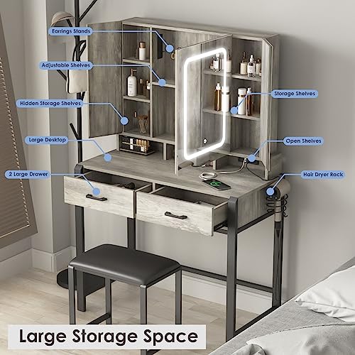 Vanity Desk with Lighted Tri-Fold Mirror and 2 Drawers T86517