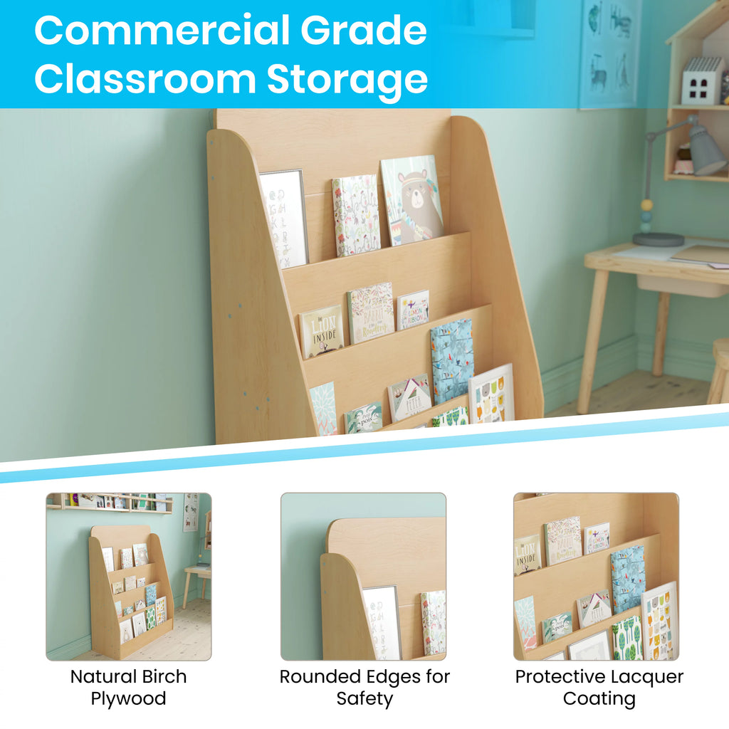 Natural Wood Book Storage Shelf with 4 Storage Slats I18216
