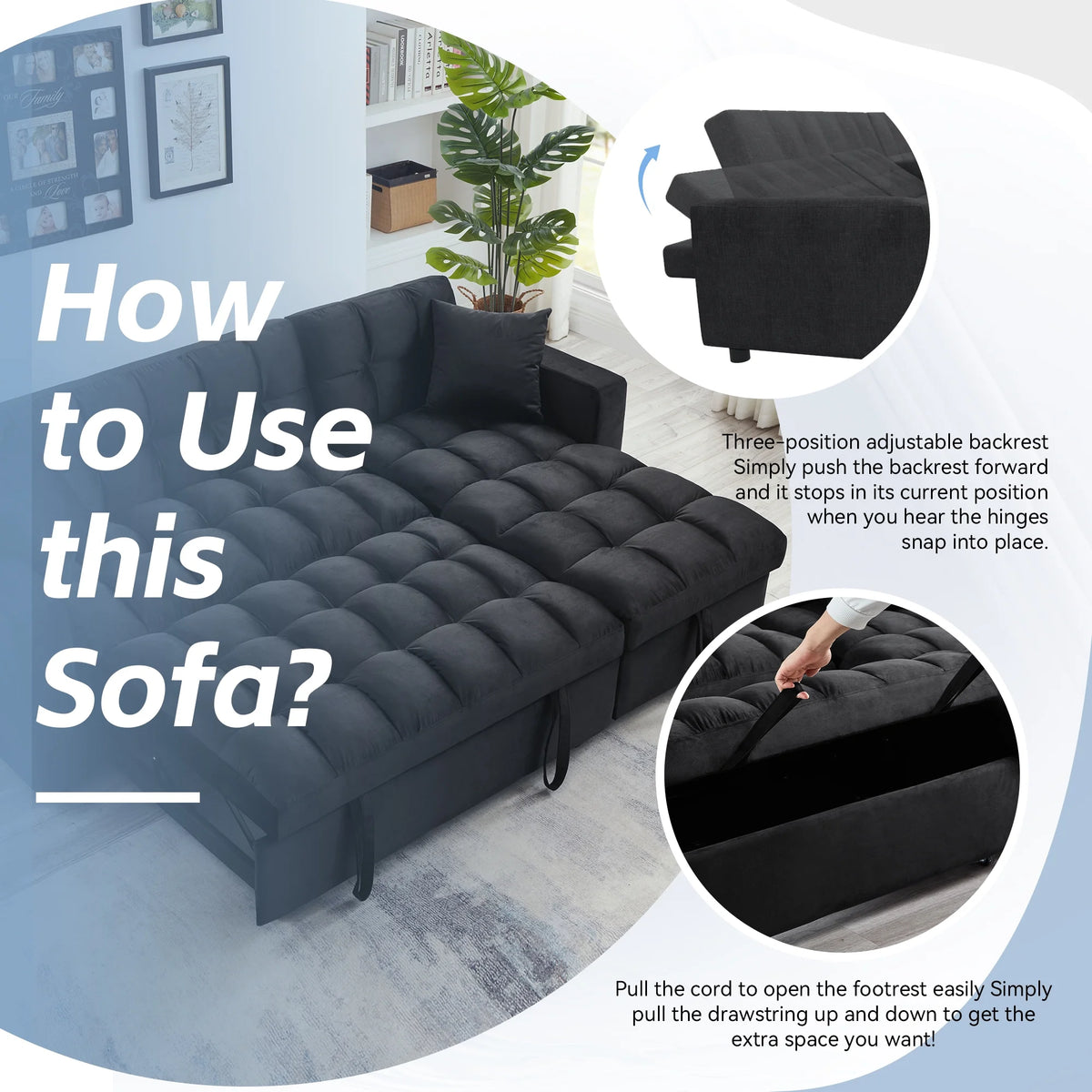 84" Black Velvet Convertible Sleeper Sofa with Storage Chaise Y2708