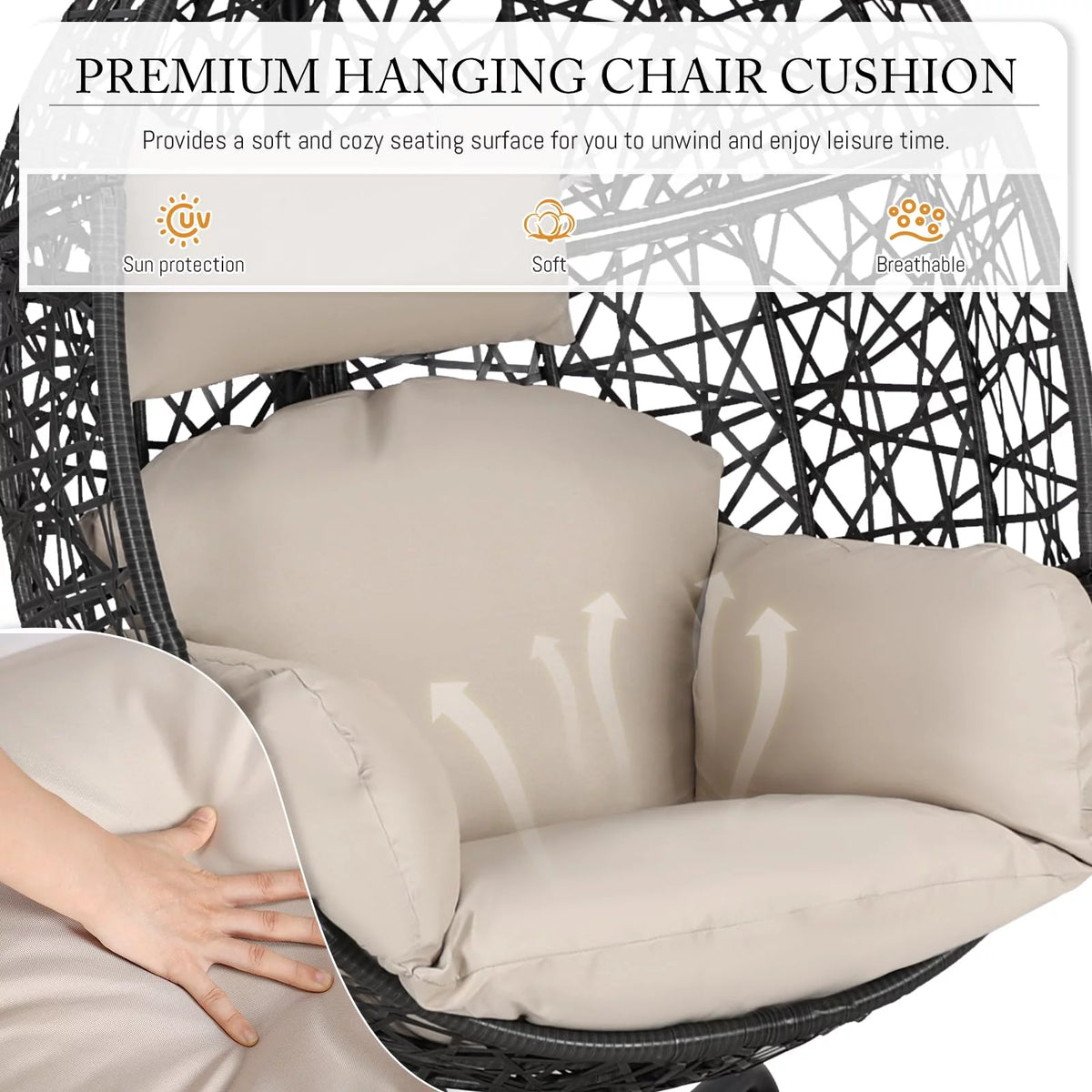 Oversized Black Hanging Swing Egg Chair with Stand and Beige Set B370