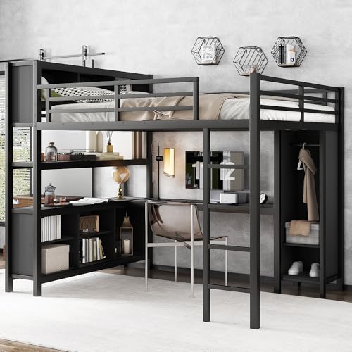 Queen Size Black Metal Loft Bed with Wardrobe and L-Shaped Desk S883805
