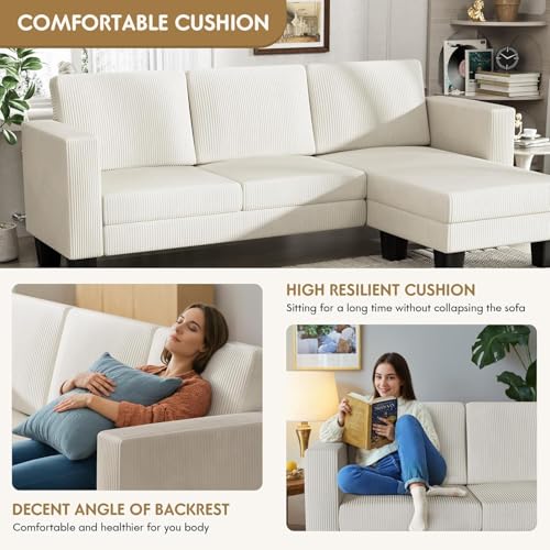 Cream Corduroy L-Shaped Convertible Sectional Sofa 3 Seater X831568
