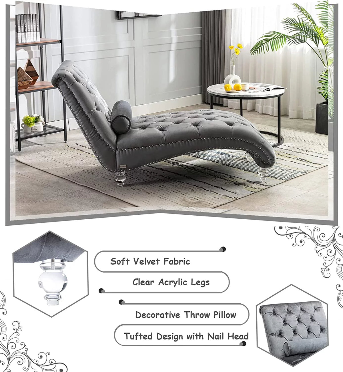 Gray Velvet Upholstered Chaise Lounge L110