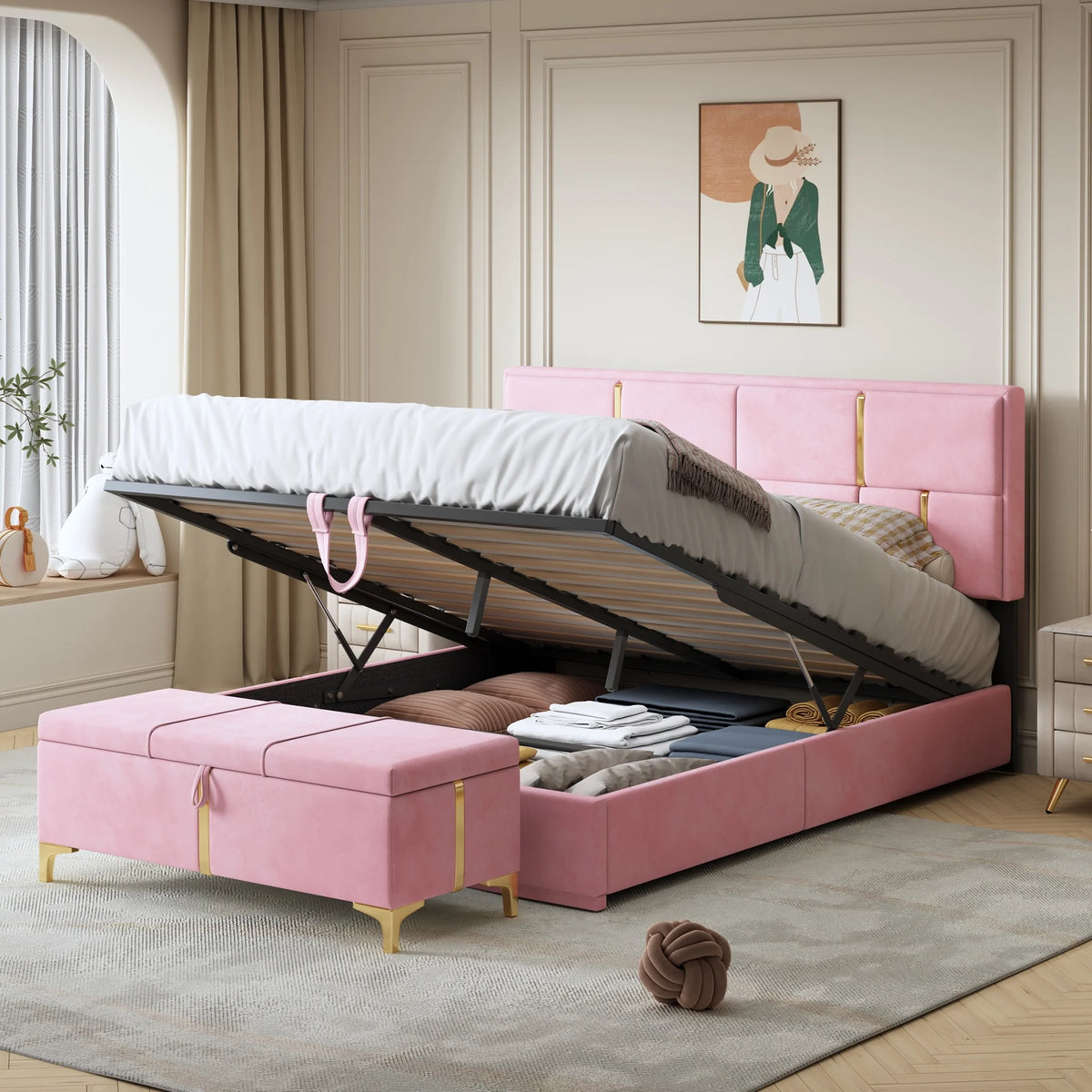 Queen Size Upholstered Platform Bed with Storage Ottoman A782
