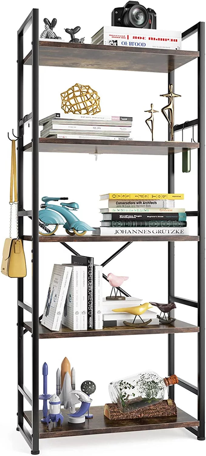 5 Tier Wood Bookcase with 4 Hooks B771605