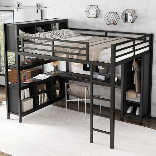 Queen Size Black Metal Loft Bed with Wardrobe and L-Shaped Desk S883805