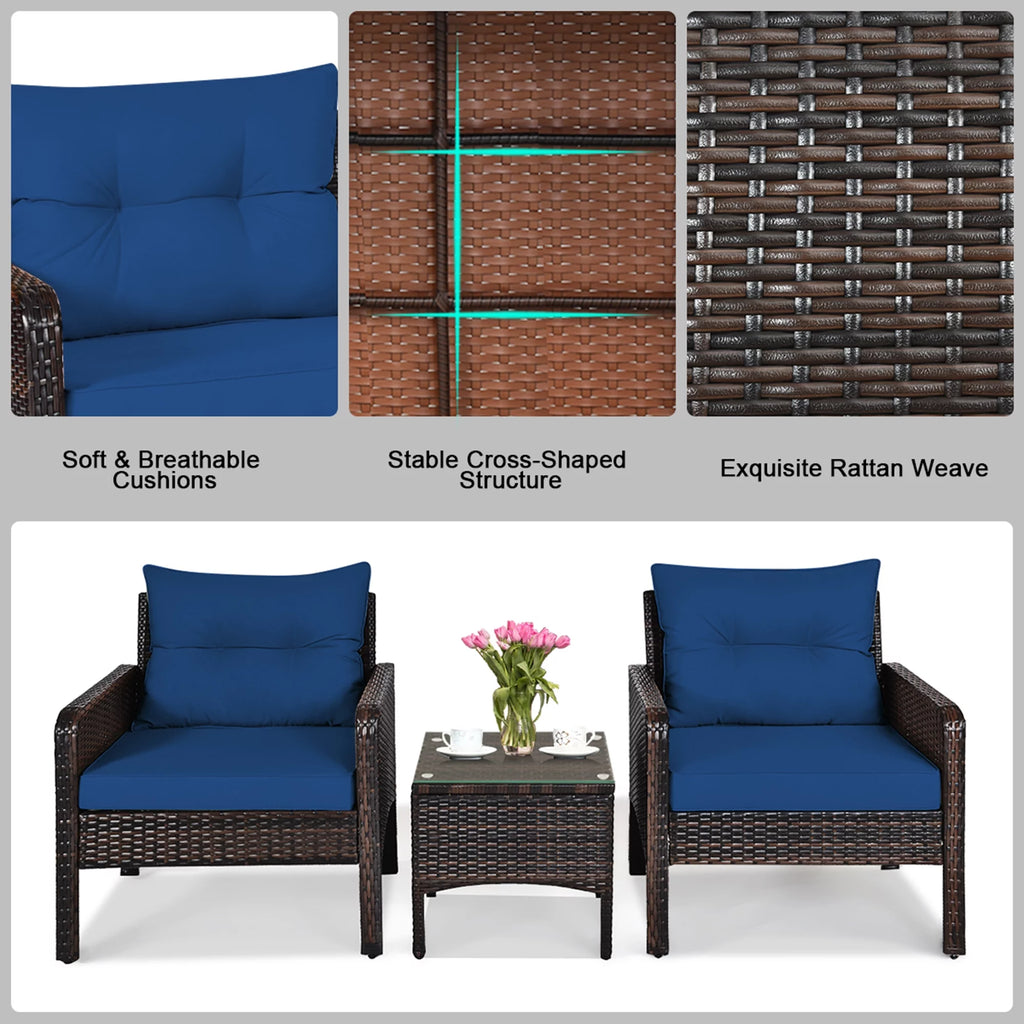 3 Pcs Rattan Patio Conversation Set with Navy Cushions J43316