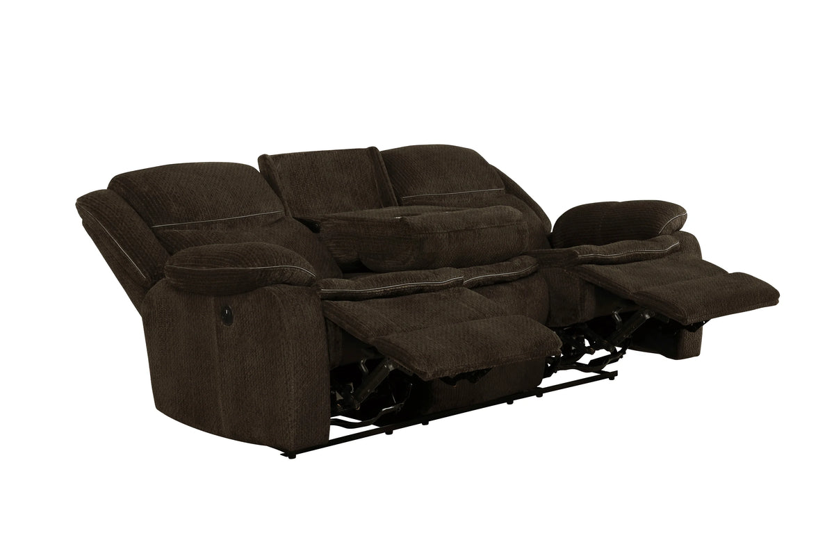Brown Upholstered Motion Sofa with Drop-down Table P474109